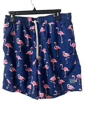Island Haze Navy Blue Flamingo Pattern Swim Trunks